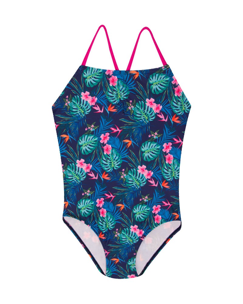 Kostium kąpielowy jednoczęściowy dziewczęcy granatowy tropikalny wzór