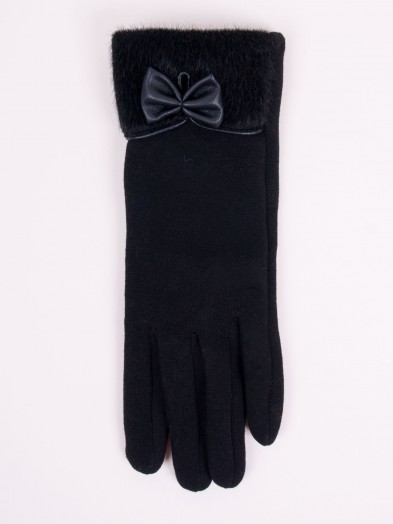 Rękawiczki kobiece czarne futrzany mankiet i skórzana kokardka