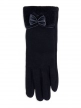 Rękawiczki kobiece czarne futrzany mankiet i skórzana kokardka