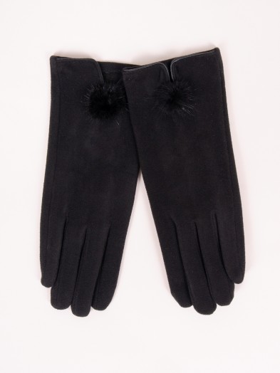 Rękawiczki kobiece czarne drobny futrzany pompon