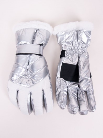Rękawiczki narciarskie damskie srebrno-białe z futerkiem