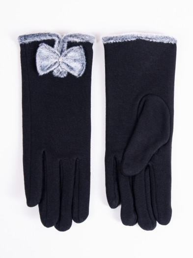 Rękawiczki damskie czarne z futrzaną kokardką 