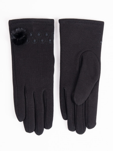 Rękawiczki damskie czarne z haftem i małym pomponem