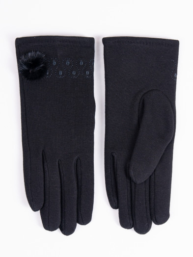 Rękawiczki damskie czarne zamszowe z haftem i małym pomponem