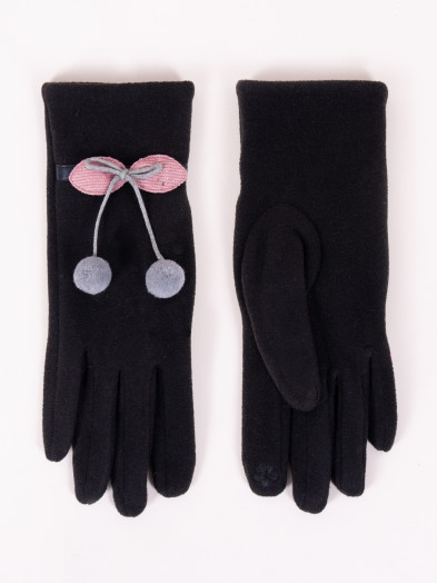 Rękawiczki damskie czarne z pomponami i kokardką dotykowe