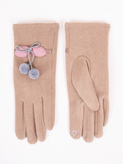 Rękawiczki damskie beżowe z pomponami i kokardką dotykowe