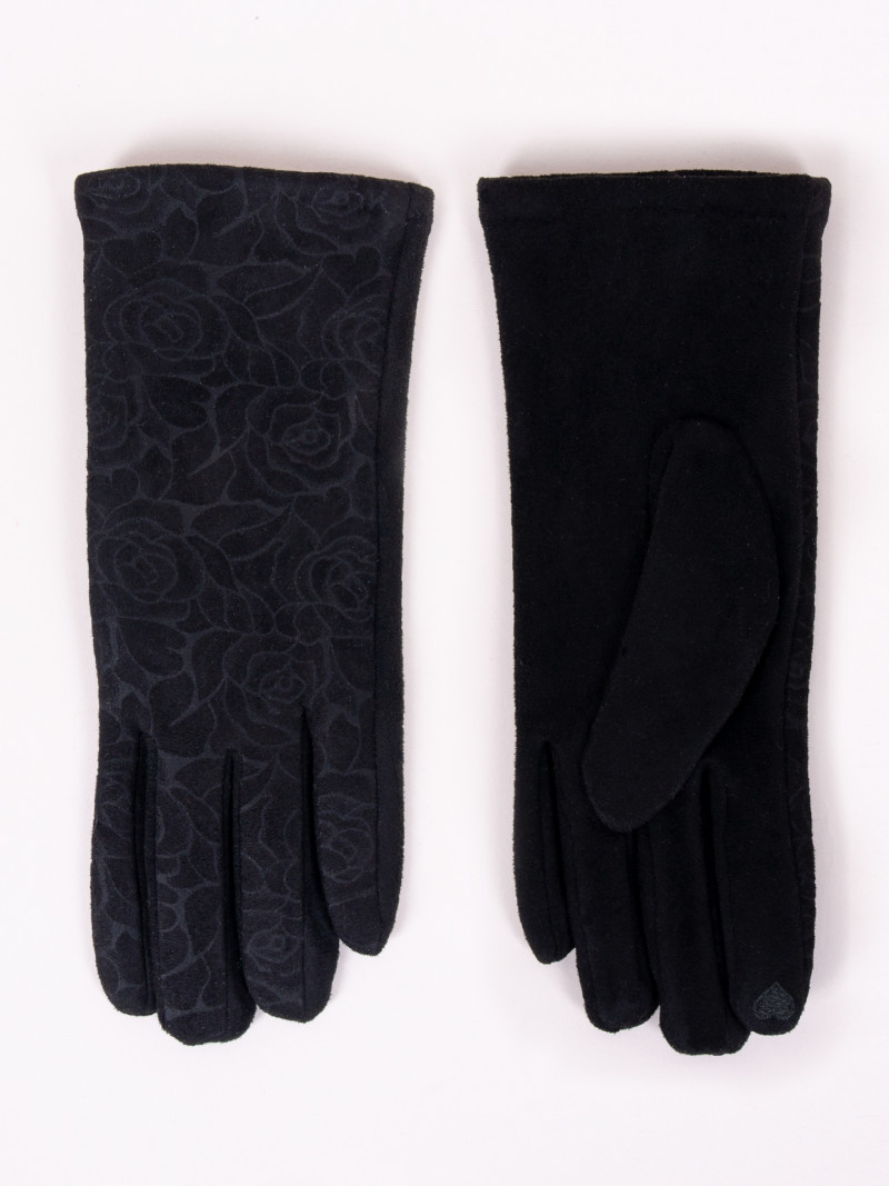 Rękawiczki damskie czarne zamszowe z różami dotykowe