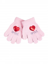 Rękawiczki dziecięce pięciopalczaste z cekinowym sercem różowe