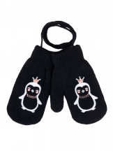 Rękawiczki dziecięce jednopalczaste ze sznurkiem czarne z pingwinem