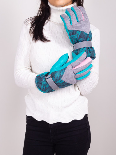 Rękawiczki narciarskie damskie pięciopalczaste turkusowe w liście 