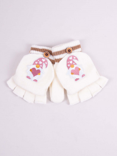 Rękawiczki dziecięce mitenki z odpinaną klapką białe z krasnalem