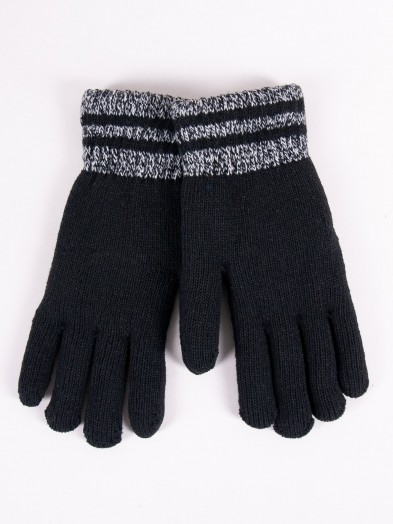 Rękawiczki męskie dwuwarstwowe czarne z czarnymi paskami na mankiecie