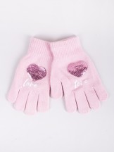 Rękawiczki dziewczęce pięciopalczaste z cekinami Love różowe
