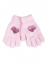 Rękawiczki dziewczęce pięciopalczaste z cekinami Love różowe