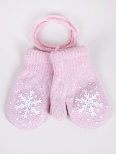 Rękawiczki dziewczęce jednopalczaste ze sznurkiem różowe ze śnieżynką