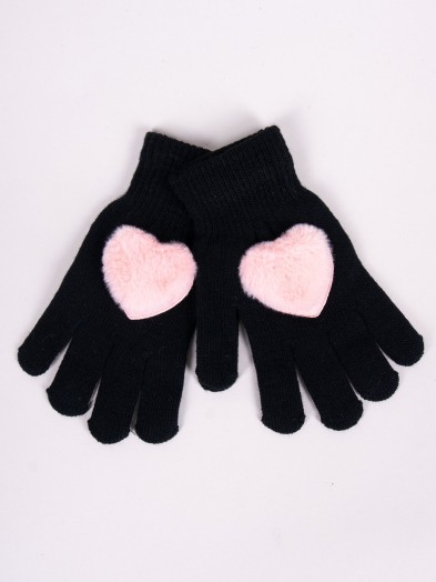 Rękawiczki dziewczęce pięciopalczaste futrzane serce czarne
