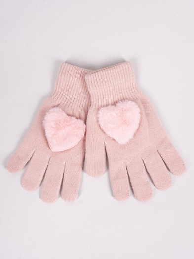 Rękawiczki dziewczęce pięciopalczaste futrzane serce różowe