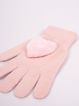 Rękawiczki dziewczęce pięciopalczaste futrzane serce różowe