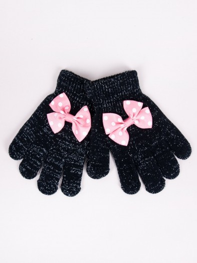 Rękawiczki dziewczęce pięciopalczaste z kokardką czarne