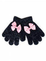 Rękawiczki dziewczęce pięciopalczaste z kokardką czarne