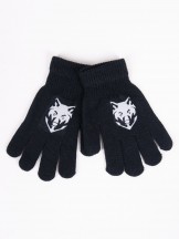 Rękawiczki chłopięce pięciopalczaste z odblaskiem czarne z wilkiem