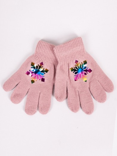 Rękawiczki dziewczęce pięciopalczaste różowe z hologramem śnieżynką