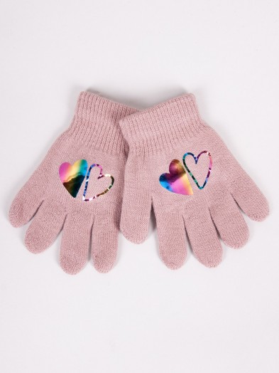 Rękawiczki dziewczęce pięciopalczaste różowe z hologramem sercami