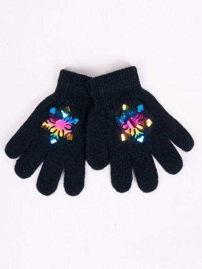 Rękawiczki dziewczęce pięciopalczaste czarne z hologramem śnieżynką