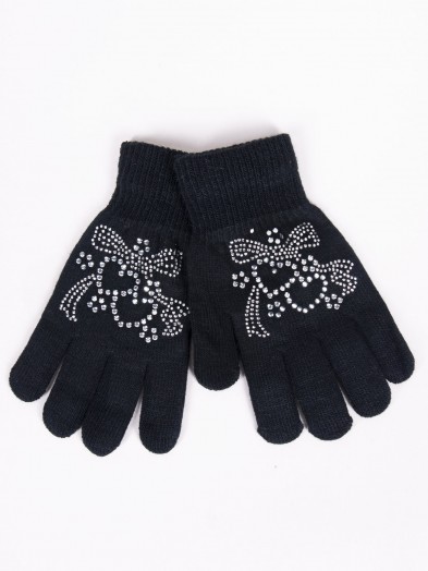 Rękawiczki dziewczęce pięciopalczaste z jetami czarne z sercami