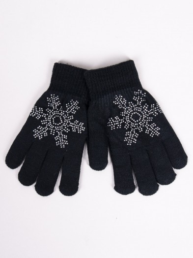Rękawiczki dziewczęce pięciopalczaste z jetami czarne ze śnieżynką