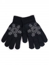 Rękawiczki dziewczęce pięciopalczaste z jetami czarne ze śnieżynką