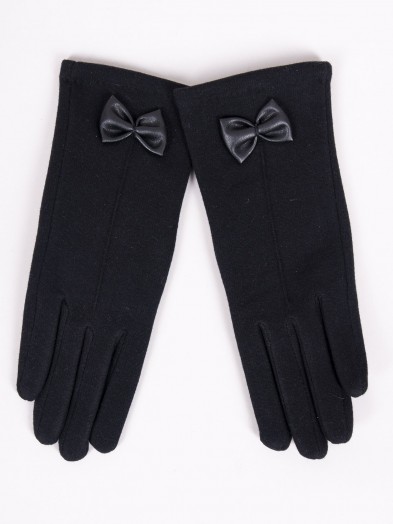 Rękawiczki damskie czarne ze skórzaną kokardką