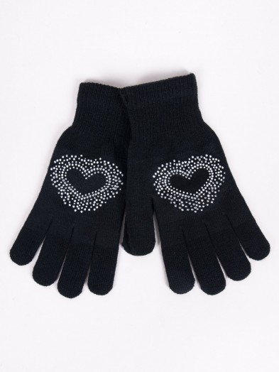 Rękawiczki damskie pięciopalczaste z jetami czarne z sercem