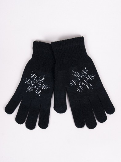 Rękawiczki damskie pięciopalczaste z jetami czarne ze śnieżynką