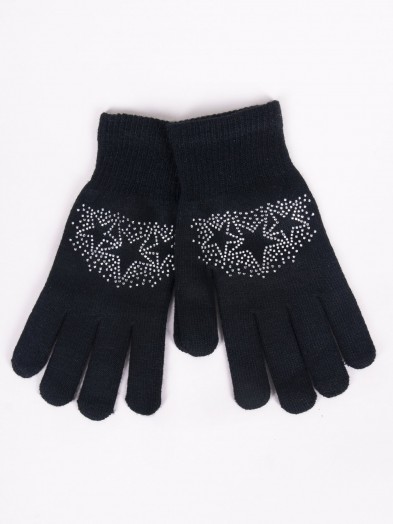 Rękawiczki damskie pięciopalczaste z jetami czarne z gwiazdkami