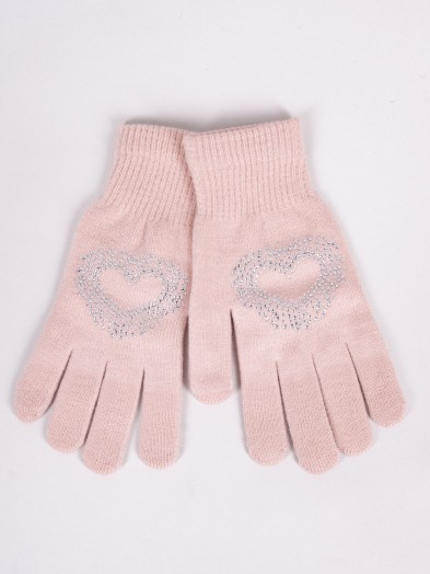 Rękawiczki damskie pięciopalczaste z jetami pudrowo różowe z sercem