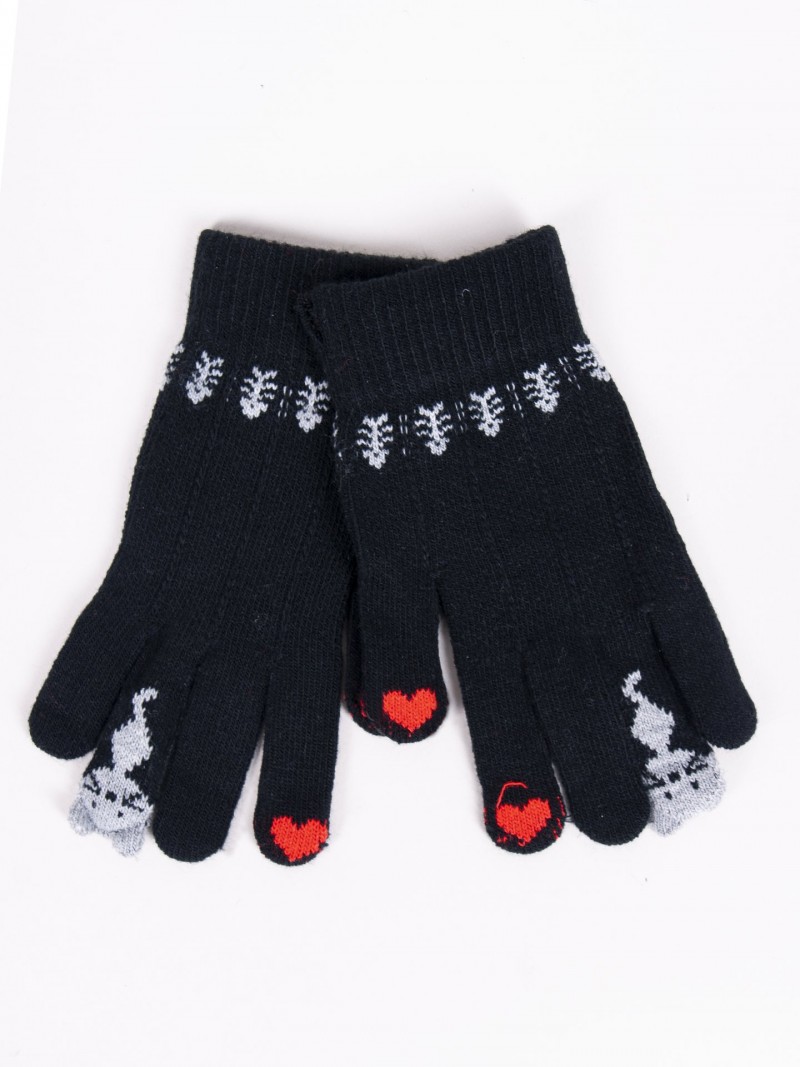 Rękawiczki dziewczęce pięciopalczaste czarne z kotkiem dotykowe