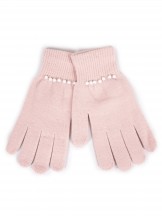 Rękawiczki damskie pięciopalczaste różowe z perłami