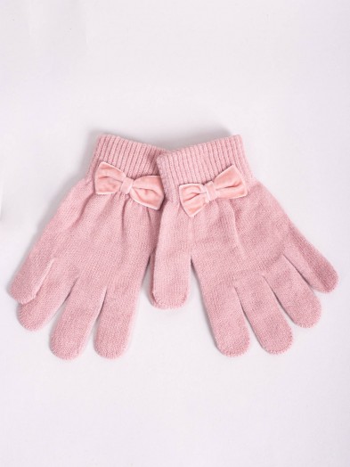 Rękawiczki dziewczęce pięciopalczaste różowe z kokardką