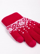 Rękawiczki dziewczęce pięciopalczaste ocieplane wzór norweski czerwone dotykowe