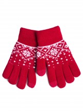 Rękawiczki dziewczęce pięciopalczaste ocieplane wzór norweski czerwone dotykowe