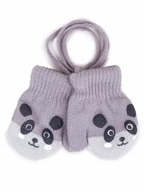 Rękawiczki chłopięce jednopalczaste ze sznurkiem szare z pandą