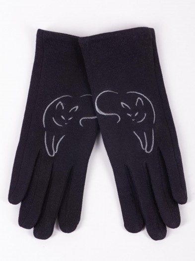 Rękawiczki damskie czarne haft kot dotykowe