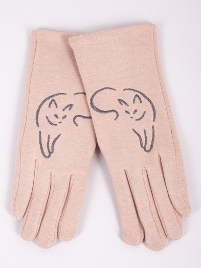 Rękawiczki damskie beżowe haft kot dotykowe