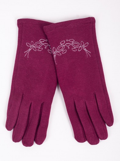 Rękawiczki damskie burgundowe haft wzór dotykowe