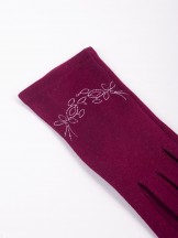 Rękawiczki damskie burgundowe haft wzór dotykowe