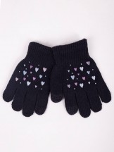 Rękawiczki dziewczęce pięciopalczaste czarne z serduszkami dotykowe