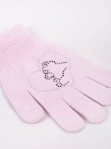 Rękawiczki dziewczęce pięciopalczaste z jetami różowe z misiem