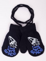 Rękawiczki chłopięce jednopalczaste ze sznurkiem czarne z rakietą