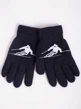 Rękawiczki chłopięce pięciopalczaste dwuwarstwowe czarne z narciarzem
